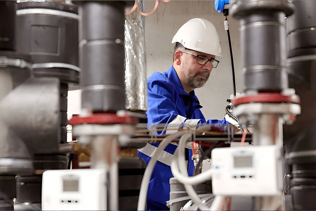Boiler room technician working between insulated risers and control meters