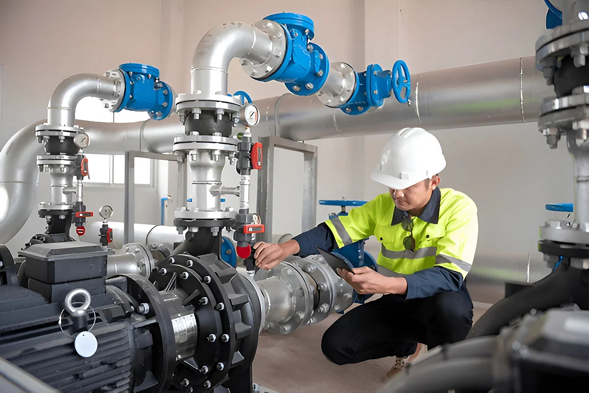 Technician checking valve and gauge readings on a plant pump and pipe header