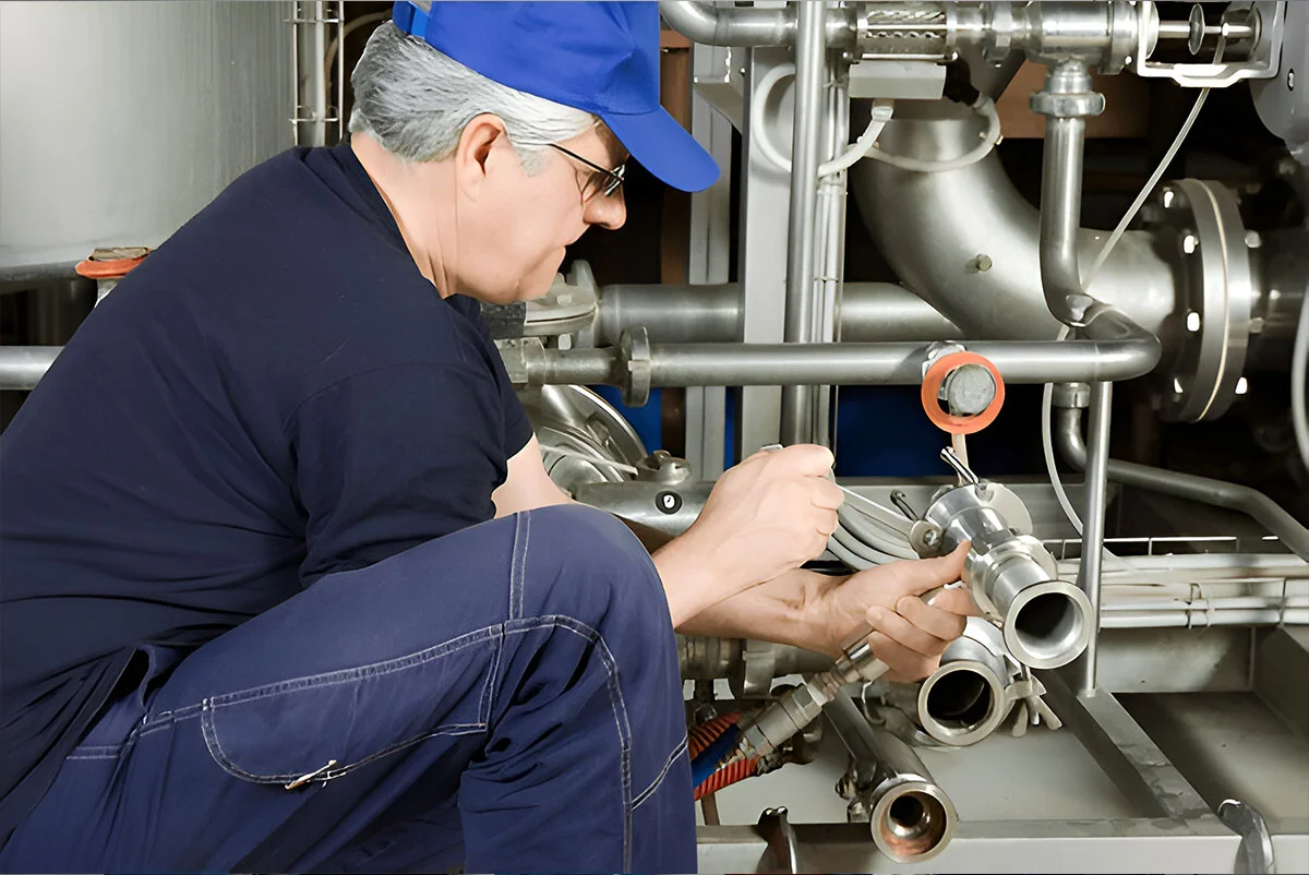 Service technician fitting stainless couplings on a process skid