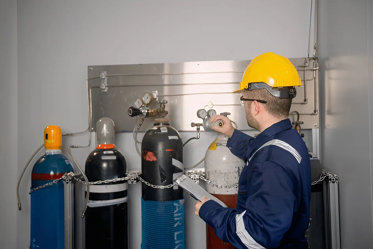 Technician logging gas cylinder regulator pressures on a clipboard