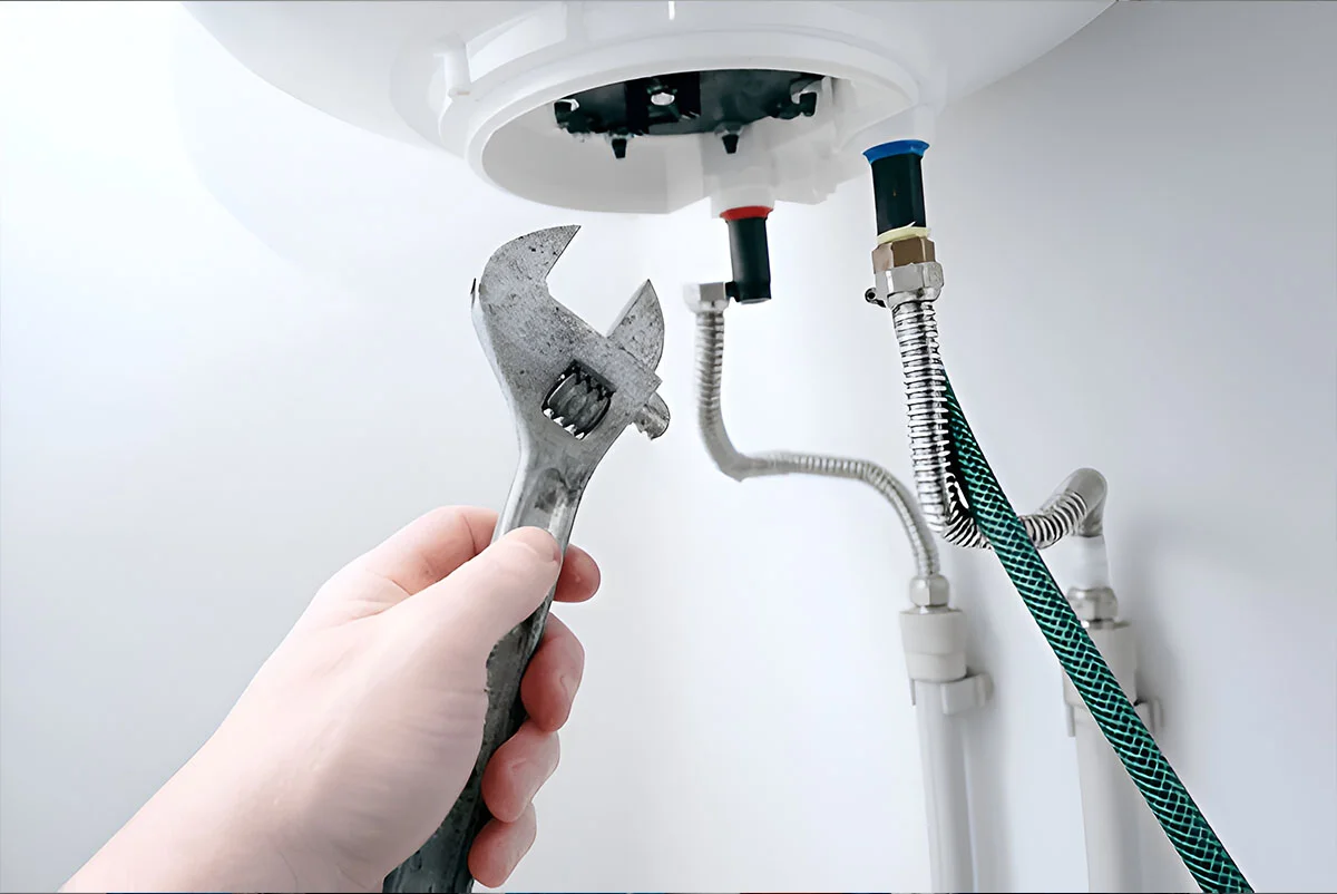 Close-up of a wrench on the fittings beneath a hot water heater