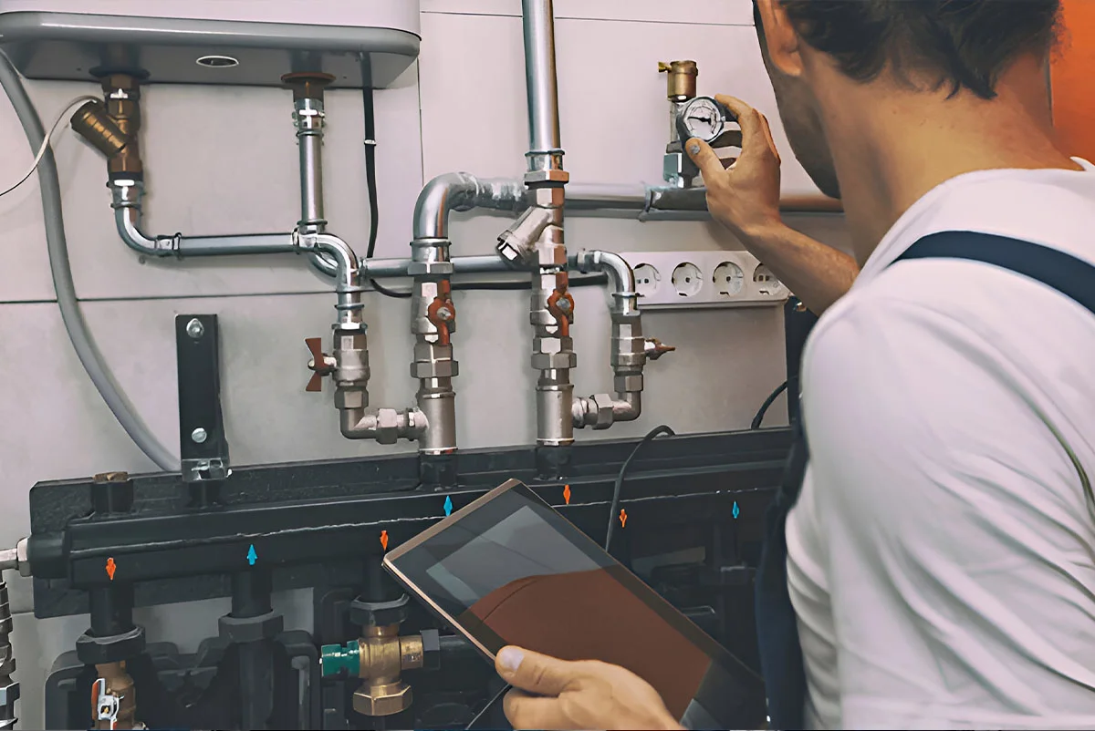 Technician reading a pressure gauge on a wall-mounted boiler manifold