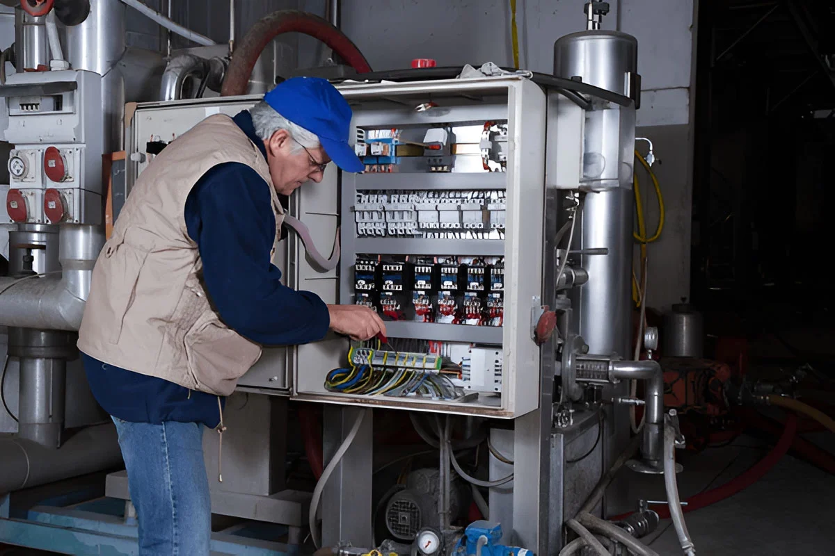 Technician wiring a boiler control panel