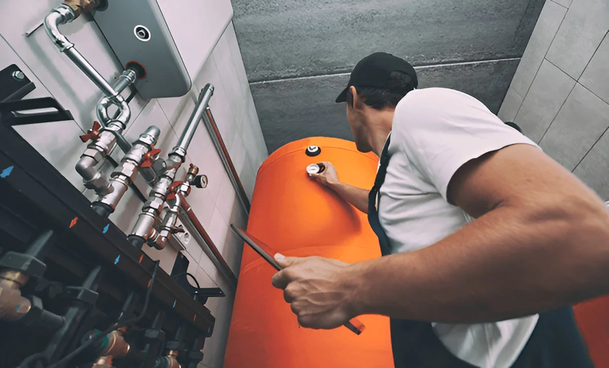 Technician servicing a wall-mounted boiler and expansion tank