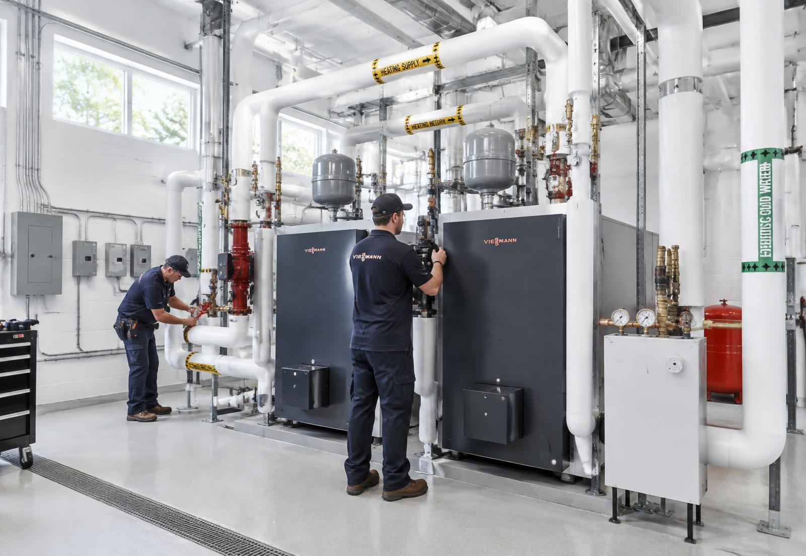Two technicians commissioning newly installed boilers in a clean white plant room