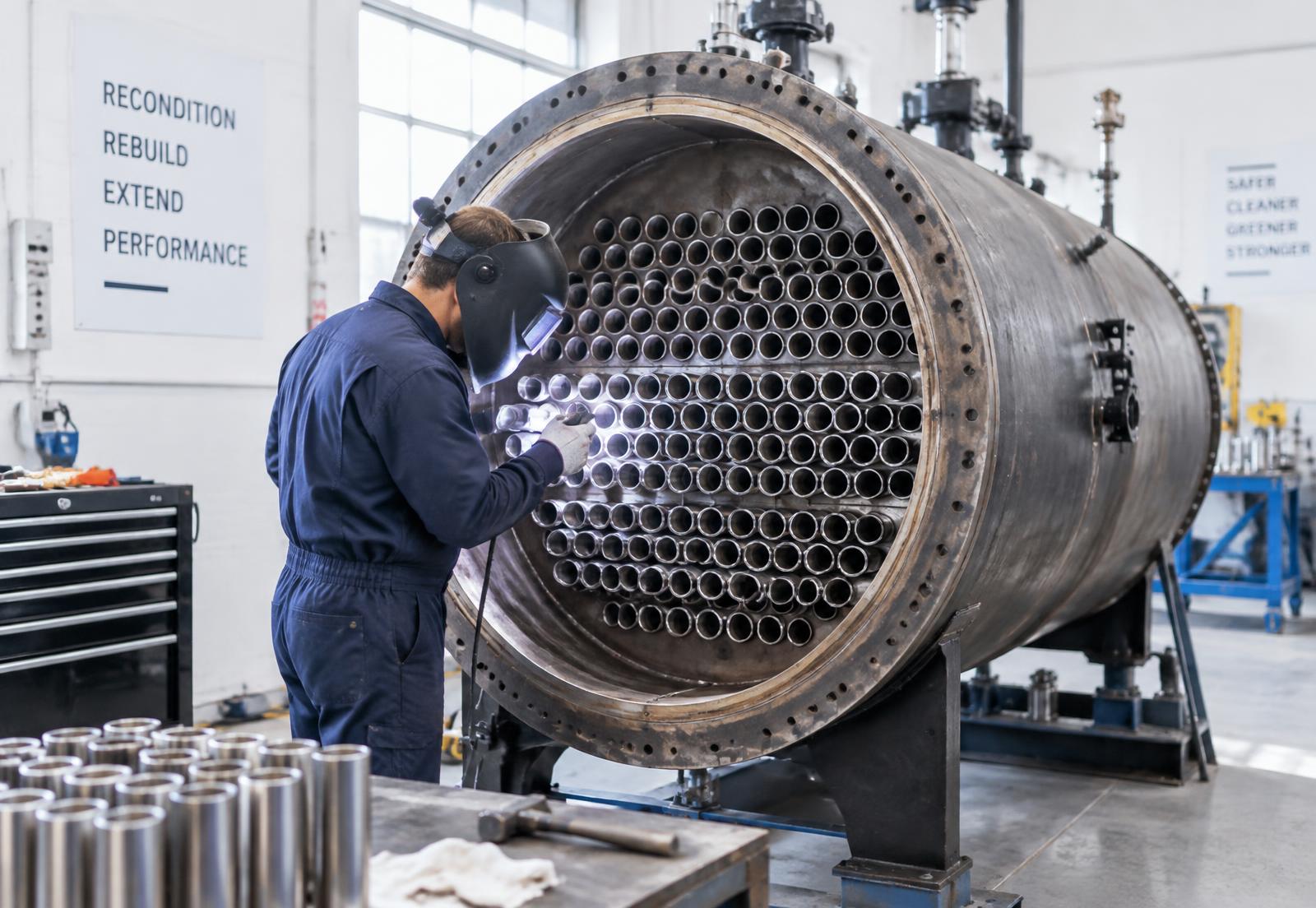 Technician welding new tubes into a boiler tube sheet in a bright workshop