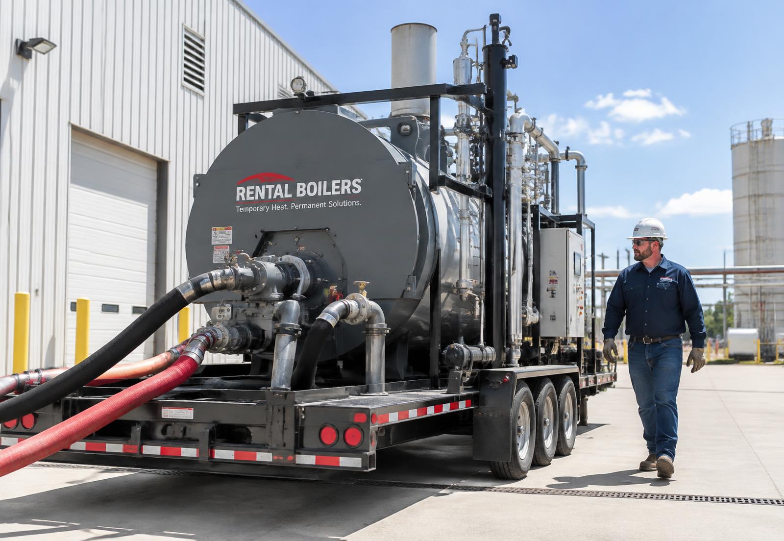 Trailer-mounted rental boiler connected outside an industrial facility in daylight