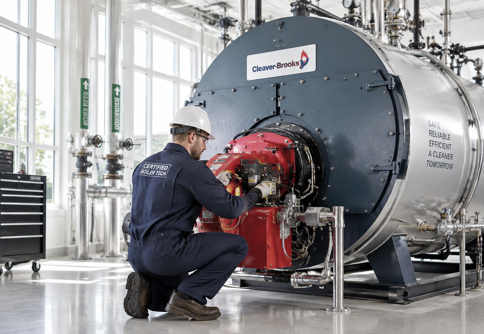 Certified technician repairing a firetube boiler burner in a bright mechanical room