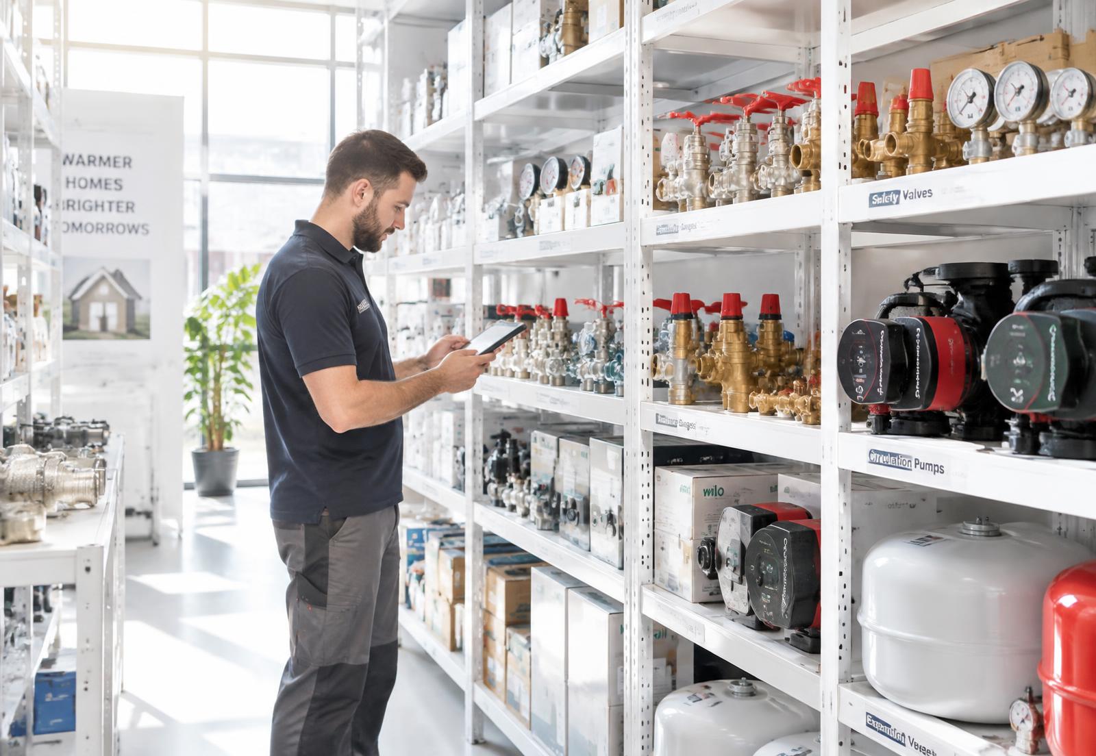 Boiler parts warehouse with valves, gauges and pumps on bright white shelving